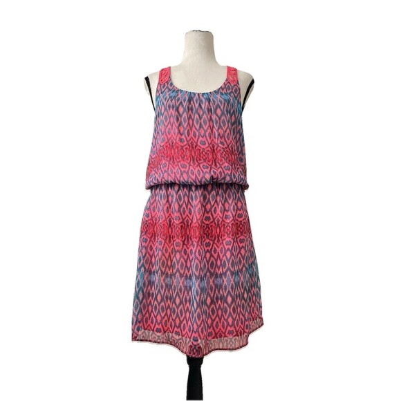 Express Crochet Back Lightweight Mini Strapless Dress Coral/Teal Animal Print M - Picture 1 of 6